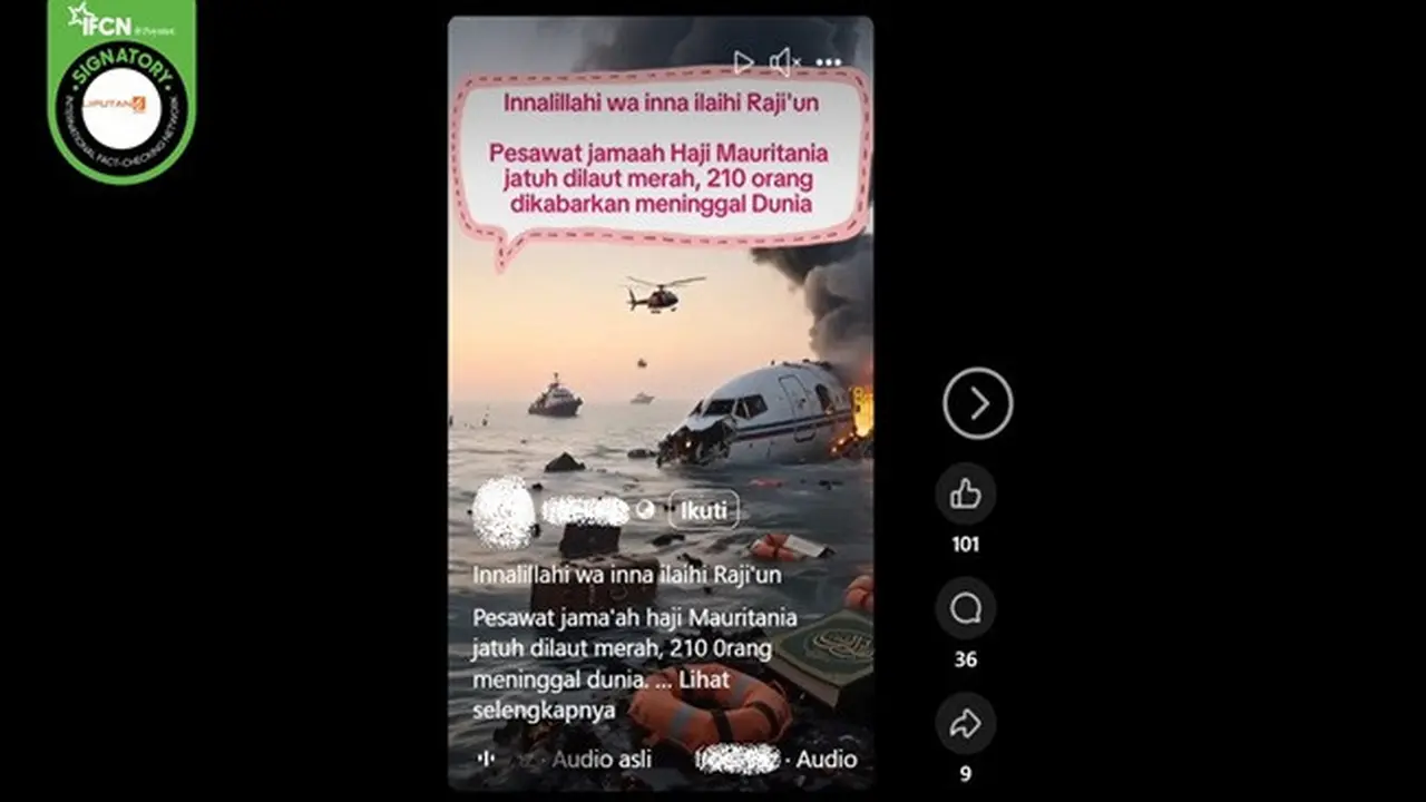 Sebuah video yang diklaim menunjukkan pesawat pengangkut 210 jemaah haji asal Mauritania jatuh di Laut Merah ramai dibagikan di media sosial.