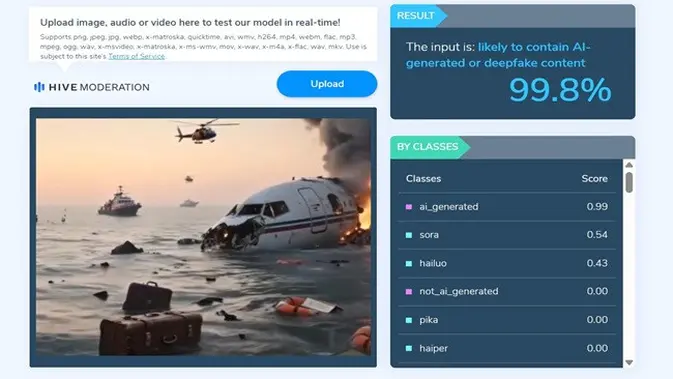 Liputan6.com memverifikasi video menggunakan situs pendeteksi konten berbasis AI, hivemoderation.com.