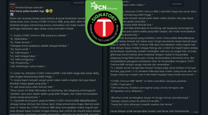 Beredar pesan berantai di media sosial yang menyebut varian Omicron XBB dari virus Covid-19 sangat mematikan