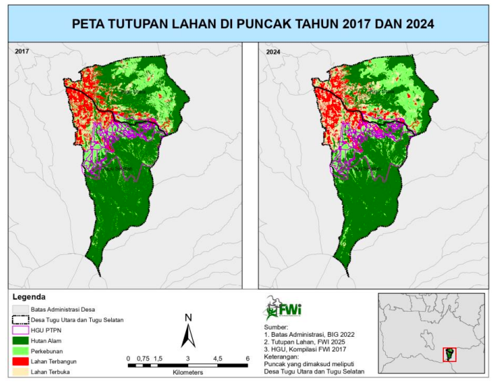Perbandingan peta tutupan lahan puncak 2017 dan 2024