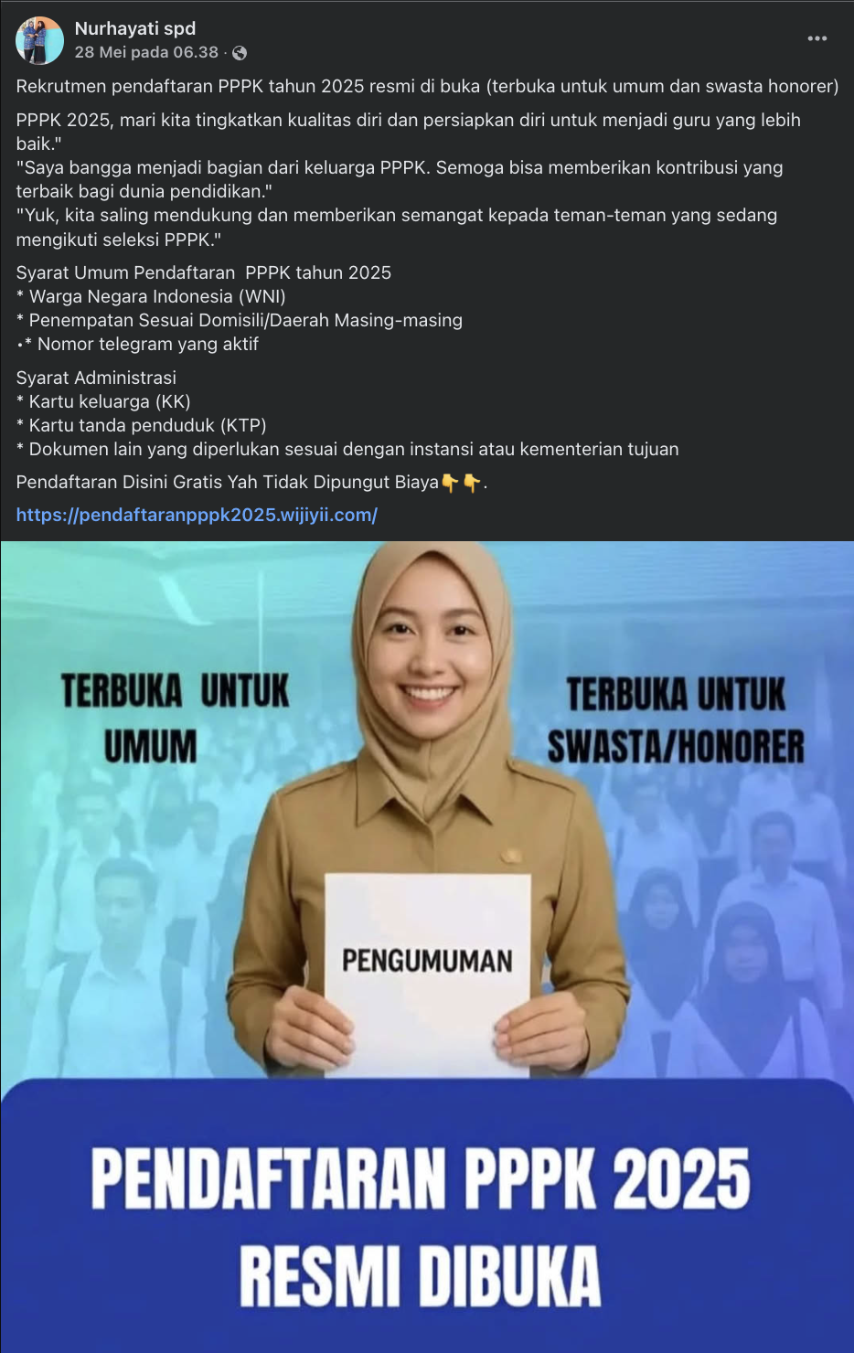 Postingan iklan Rekrutmen pendaftaran PPPK tahun 2025 beredar di Facebook