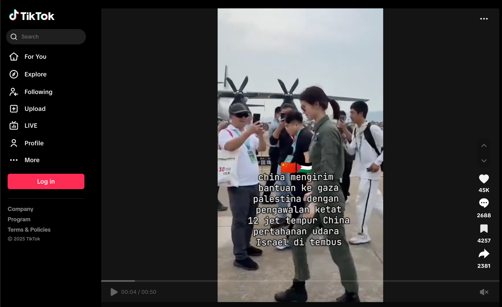 video viral di TikTok mengklaim bahwa 12 jet tempur Cina mengawal pengiriman bantuan kemanusiaan ke Gaza