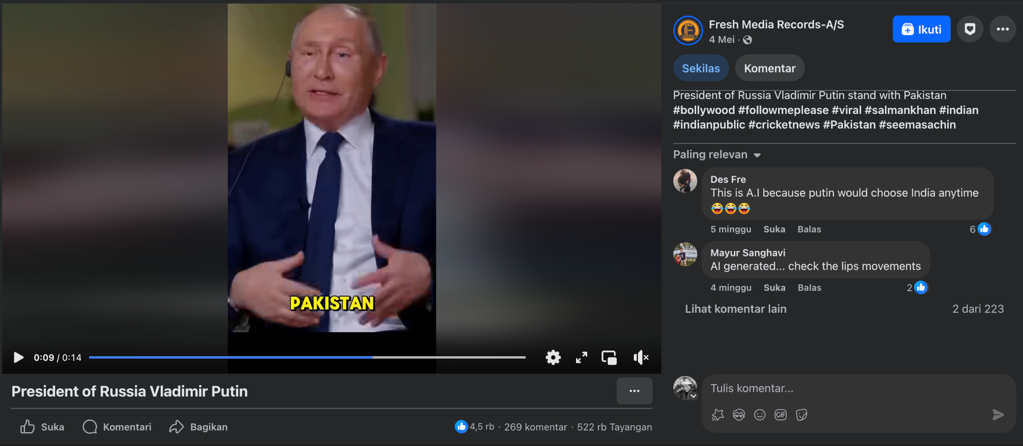 video yang menampilkan Presiden Rusia, Vladimir Putin, menyatakan dukungan terhadap Pakistan