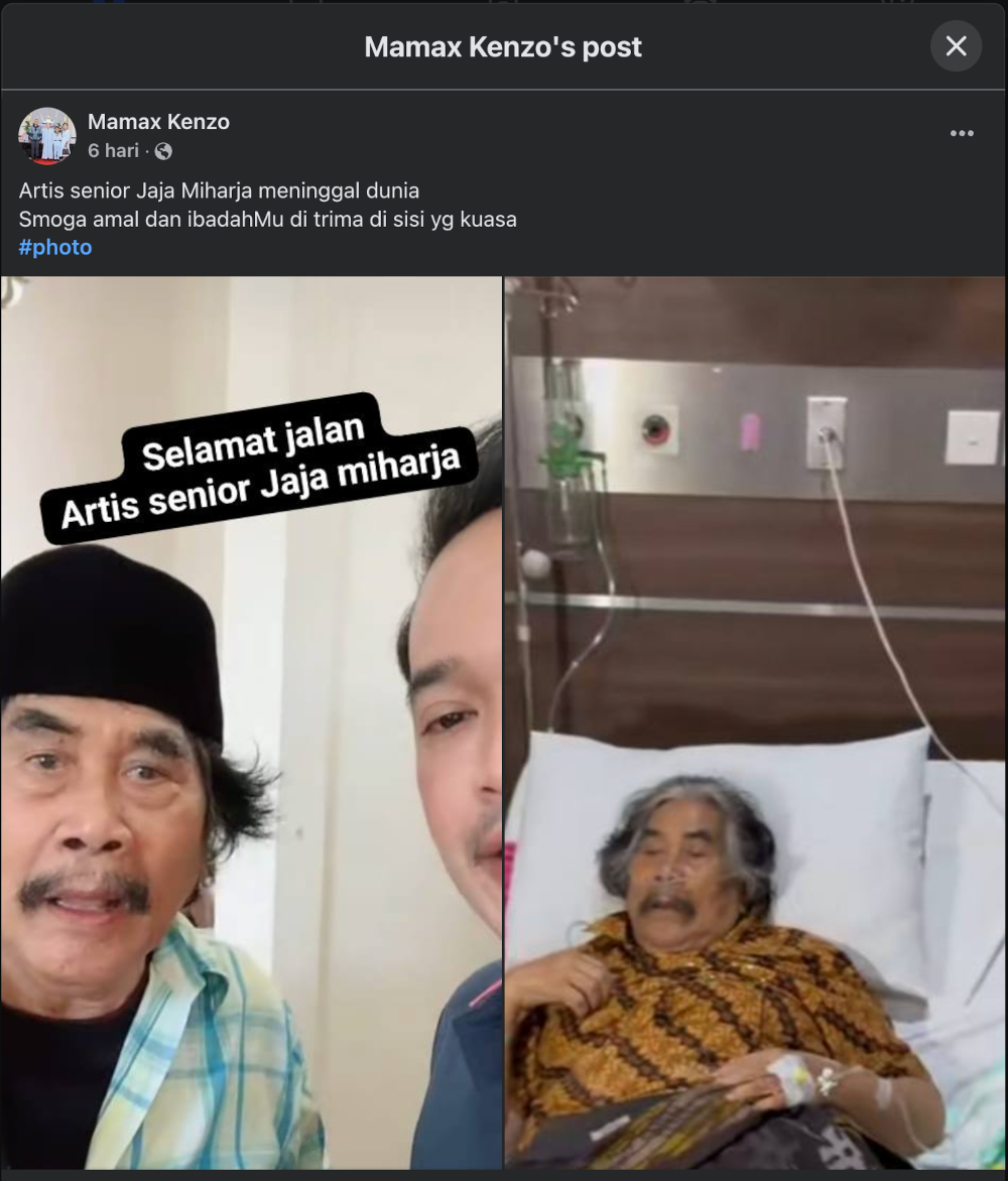 Beredar unggahan di media sosial yang menyebut Jaja Miharja meninggal dunia pada 5 Juni 2025